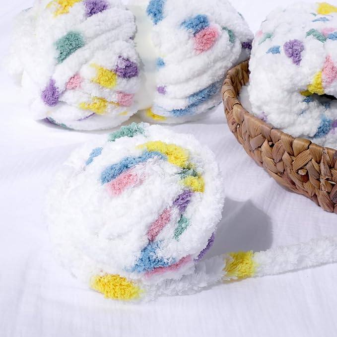 HOMBYS 8 Pack Giant Chunky Yarn for Crocheting/Hand Knitting, Super Bulky Large Soft Fluffy Tie Dye Plush Fuzzy Mixed Color Thick Chenille Yarn (Rainbow, White)