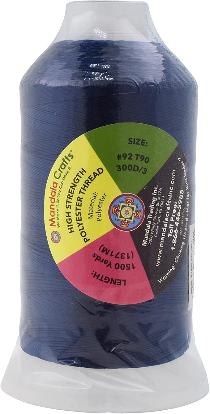 Mandala Crafts Navy Blue Heavy Duty Thread - 1500 Yds Tex 90 Bonded Polyester Threads for Sewing Drapery, Jeans, Leather, Hair, Outdoor Marine Upholstery