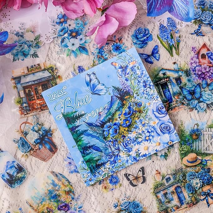 MAFELOE 30 Pages PET Scrapbook Stickers of Creative Flowers Theme, Aesthetic Deco Journaling Supplies for Junk Bullet Diary Album Calendars-Blue (Y3-P-WSSL)