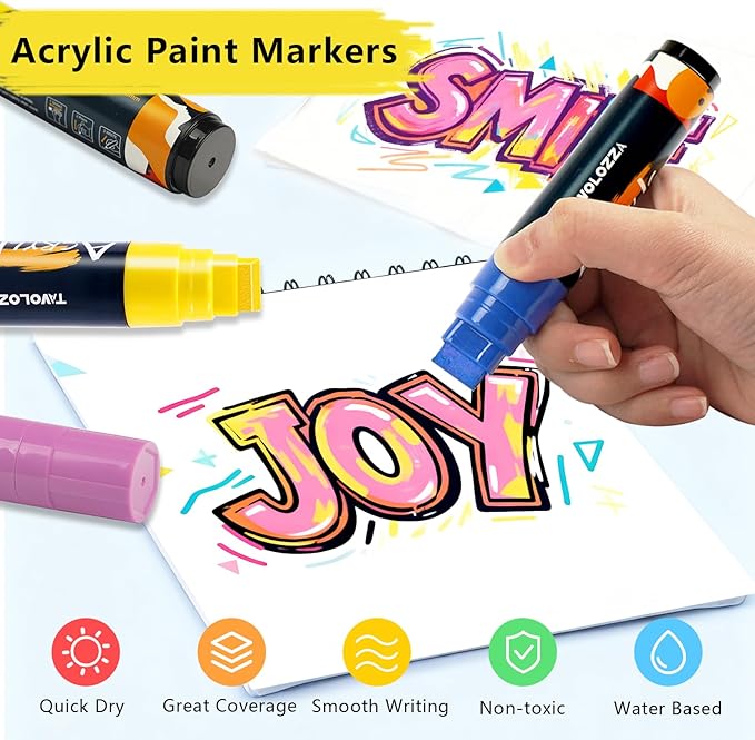 Tavolozza Fine Arts Jumbo Markers 12 Colors - 15mm Wide Felt Tip Acrylic Window Markers, Versatile Marker for Poster Board, Rock, Stone, Glass, Wood, Ceramic, Metal, Plastic, Banner & Fabric