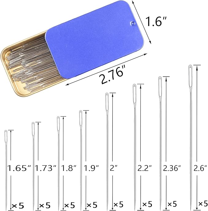 40PCS Large Eye Sewing Needles - 8 Sizes Hand Sewing Sharp, Embroidery, Leather, Stainless Steel Yarn With Threaders & Stitch Markers (Blue)