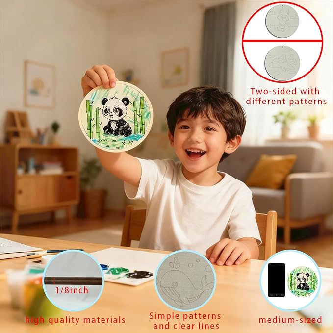 10PCS Wood Ornaments for Crafts with Double-Sided Designs Wood Circles for Crafts to Paint for Kids Hang or Display with Stand Wooden Ornaments for boy and Girl Ages 4-8
