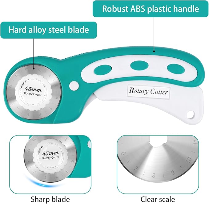 45mm Rotary Cutter for Fabric, Fabric Cutters with 5pcs Extra Rotary Blades, Roller Cutter Set for Sewing, Quilting, Leather & Craft Projects (Teal)