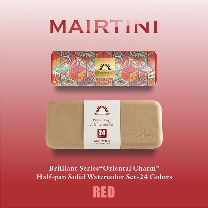 Mairtini Academy Grade Brilliant Series “Oriental Charm” Half-pan Solid Watercolor Paint 24 Colors Set with Red Iron Case