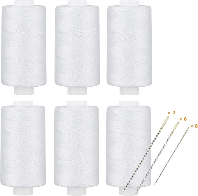 Simthread All Purpose Thread Polyester White, 6 Bobbins 400 Yards Each with 16 Needles for Hand Sewing, and Thread for Quilting Piecing Sewing Machines