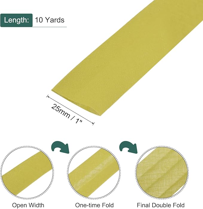 MECCANIXITY 1 Inch Double Fold Bias Tape Polyester Continuous Bulk Bias Tape for Sewing,Seaming Quilting Hemming Binding Crafts (Gold 10 Yards)