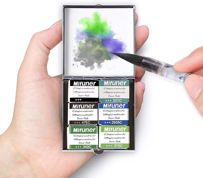 Mini Portable Handmade Artist Watercolor Paint Travel Metallic Box Set with 6 Solid Watercolor Half Pans (Each Capacity Approx 1.5ml).Mix Color 10