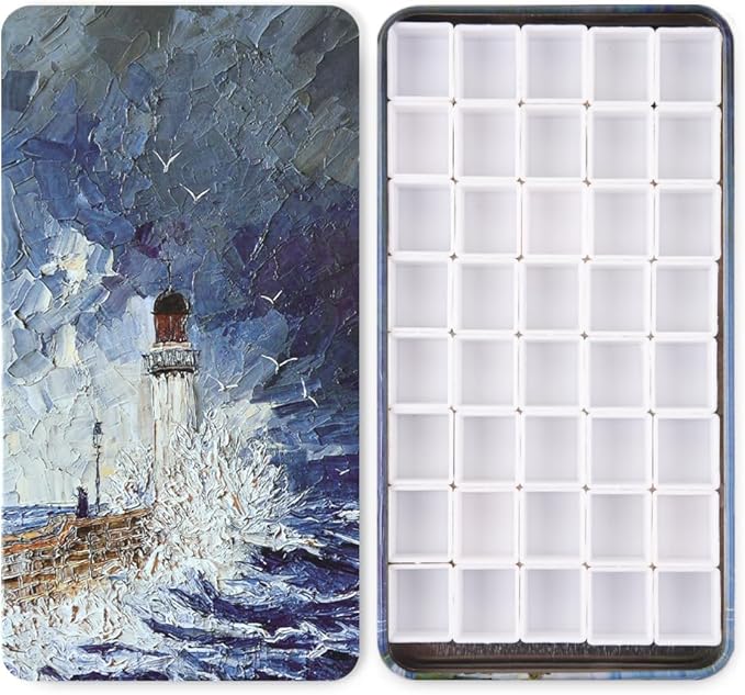 Portable Watercolor Tins Paint Palette with 40Pcs Empty Half Pans and Magnetic Squares, Small Travel Metal Paint Box with Acrylics Painting Art Drawing. Lighthouse