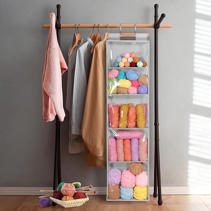 Hanging Yarn Storage with 5 Large Pockets, Clear Knitting Organizer Storage with Zippers for Crochet Lovers, Hanging Yarn Holder with Over-Door Hooks for Knitting Needles Crochet Hooks, Grey