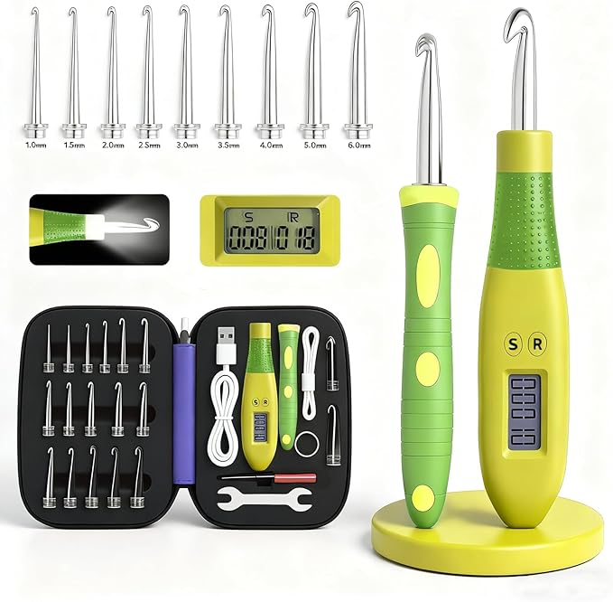 Light up Crochet Hook Set with Stitch Counter Crochet Kit with 18 Different Size Interchangeable Crochet Needle,Ergonomic with 2 Levels Led and Digital Stitch Counter for Crocheting and Knitting