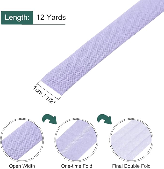 MECCANIXITY 2/5 Inch Double Fold Bias Tape Continuous Bulk Bias Tape for Sewing, Seaming Quilting Hemming Binding Crafts (Light Purple 12 Yards)