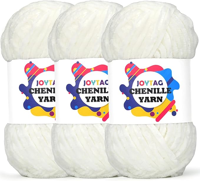 Velvet Chenille Yarn for Crocheting White Velvet Fluffy Plush Thick Bulky Chunky Chenille Soft Baby Blanket Yarn for Crocheting Hand Knitting 3 * 100g-White