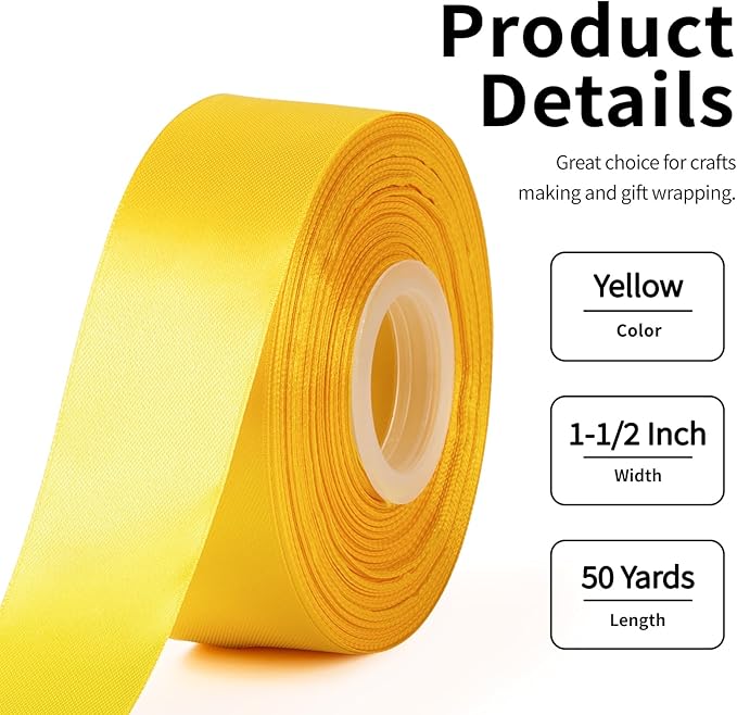 1-1/2 Inch Wide Yellow Satin Ribbon, 50 Yards Solid Polyester Fabric Ribbon for Roses Making, Gift Wrapping, Wedding Decorations, Crafts, Bows