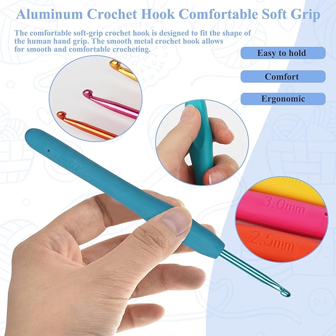 Coopay Crochet Hooks Ergonomic Soft Grip, 2mm-6mm Metal Crochet Set for Beginners, 19PCS Knitting Yarn Hook Kit w Stitch Marker, Knitting Needles for Arthritic Hands, Best DIY Craft Gift for Christmas