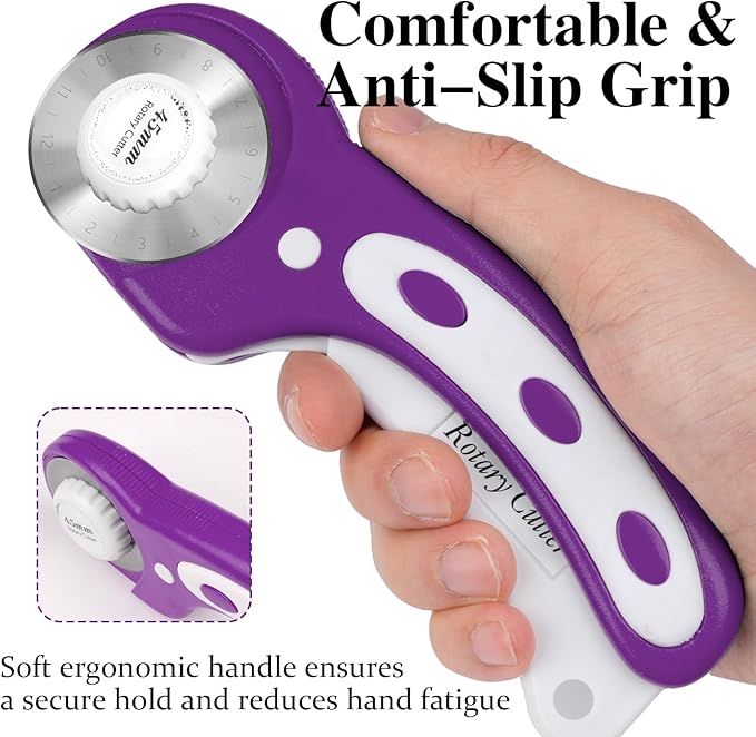 45mm Rotary Cutter for Fabric, Fabric Cutters with 5pcs Extra Rotary Blades, Roller Cutter Set for Sewing, Quilting, Leather & Craft Projects (Purple)