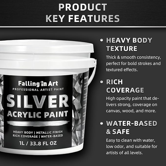 Falling in Art Silver Metallic Acrylic Paint, 33.8 Oz Heavy Body Silver Leaf Paint, Non-Toxic Art Paints for Metal, Furniture, Canvas, and DIY Crafts