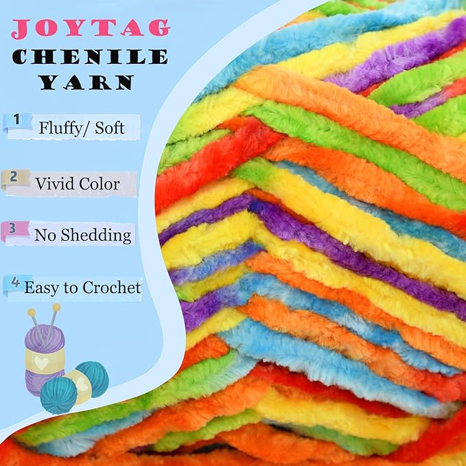 Velvet Chenille Yarn for Crocheting Rainbow Velvet Fluffy Plush Yarn Thick Bulky Chunky Chenille Velvet Soft Baby Blanket Yarn for Crocheting Hand Knitting 100g-Bright Rainbow