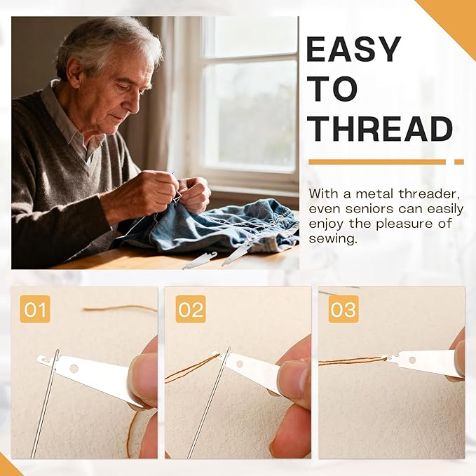 37 PCS Big Eye Steel Sewing Needles Kit, Steels Needle for Hand Sewing with Thimble, Threader, Thread Rippers for Beginner Traveler and Clothing Repair