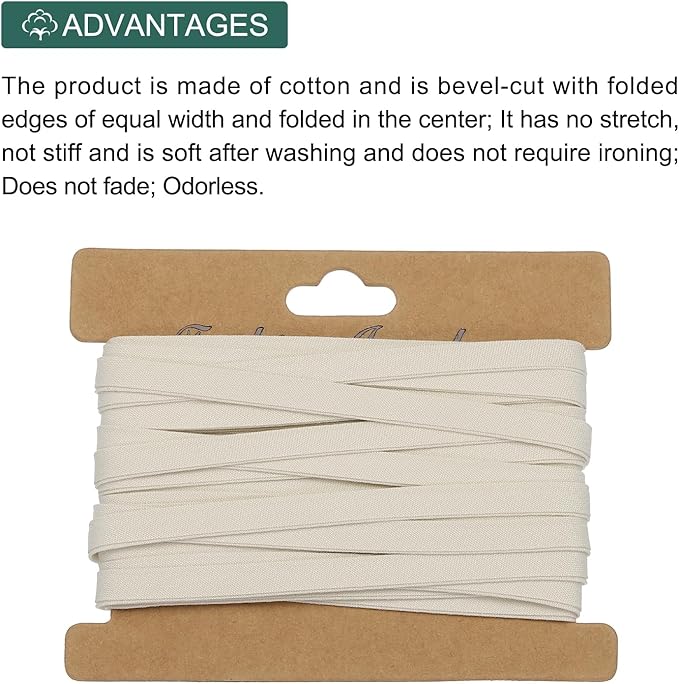 MECCANIXITY 1/4 Inch Double Fold Bias Tape Cotton Continuous Bulk Bias Tape for Sewing,Seaming Quilting Hemming Binding Crafts (Light White 6 Yards)