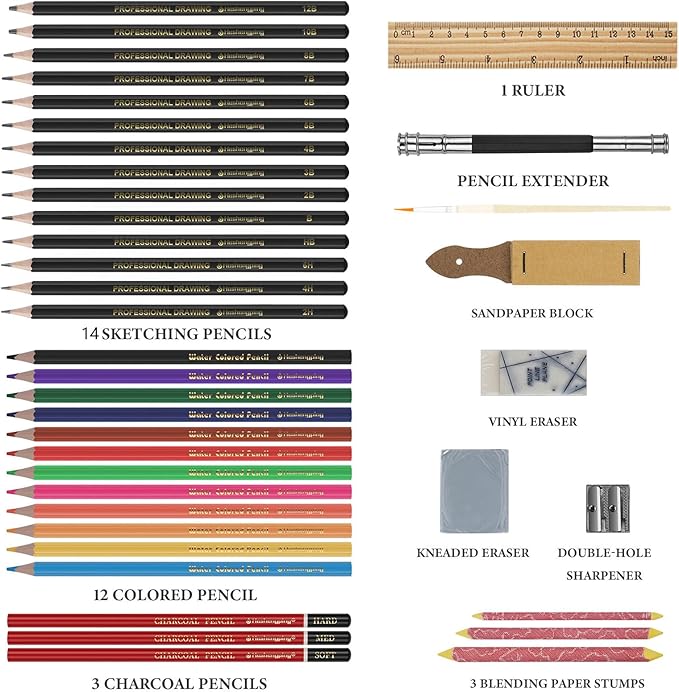 Heshengping 42 Pack Drawing Set Sketching Kit, Art Supplies with 3-Color Sketchbook, coloring book, Graphite Charcoal watercolor pencils, Portable Travel Size Case, gift for Beginner Artists Adults