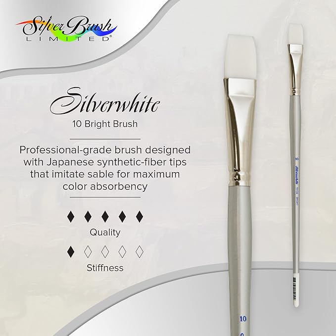 Silver Brush Limited 1502-10 Silverwhite Bright Paintbrush for Watercolor, Gouache, Inks, Dyes, Fluid, & Flow Acrylic, Size 10, Long Handle