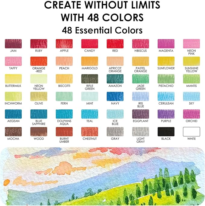 Grabie Mini Watercolor Set, 48 Colors with Brush, Paper Pad and Swatch Sheet, Travel Watercolors Painting Kit for Beginners