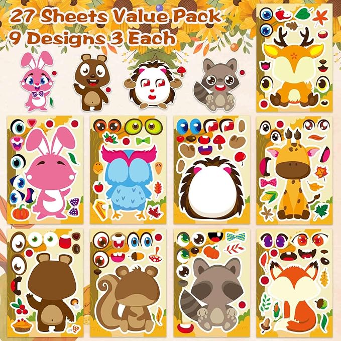 27 Sheets Fall Stickers for Kids Toddles, Make a Face Stickers, Make Your Own Autumn Animal Stickers, Fall Theme Party Supplies Crafts
