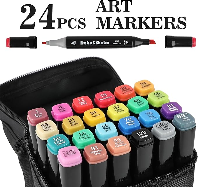 Dabo&Shobo 24 Colors Drawing Markers, Dual Tip Art Markers, Coloring Marker For Adult Sketching And Coloring