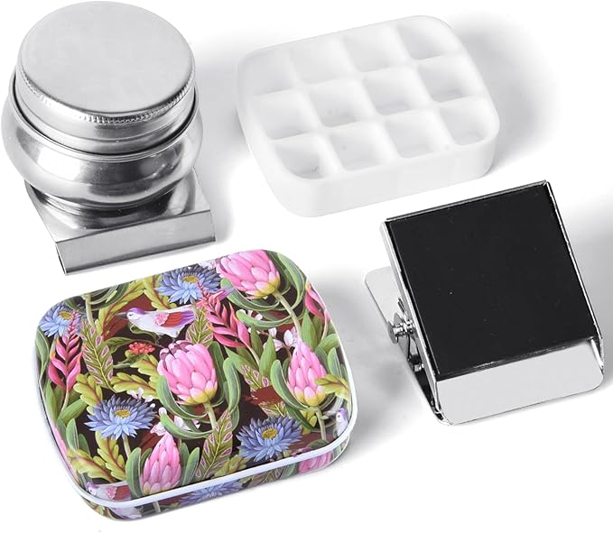 Portable Mini Tin Box,12-Well Empty Watercolor Palette,Small Paint Storage Travel Artist Outdoor Sketch Watercolor Kits with Magnetic Clip and Oil Pot.Flowers and Birds