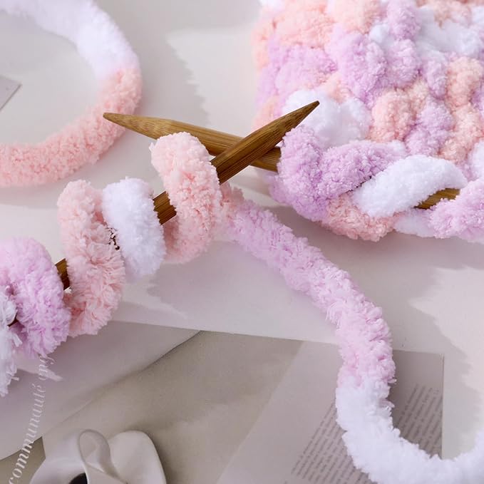 HOMBYS Pink,Purple,White Chunky Chenille Yarn for Hand Knitting,Fluffy Soft Jumbo Yarn Crocheting,Super Bulky Big Yarn for Chunky Blanket,Large Thick Arm Knitting Yarn,8 Pack Plush Yarn