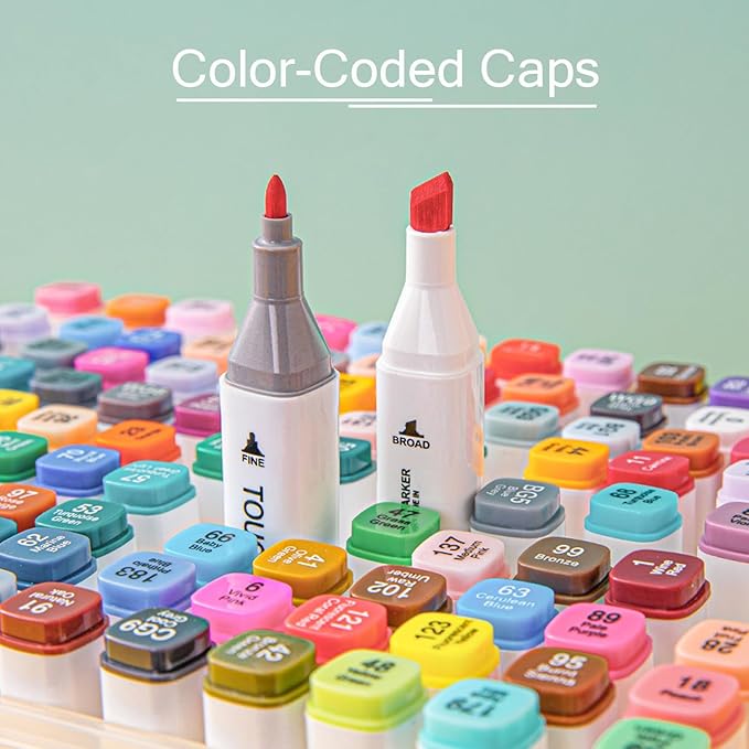 RUN HELIX Alcohol Markers, 80 Colors Dual Tip Markers Broad Brush Tip and Fine Tip, Marker for Coloring Drawing Painting Art, Alcohol Marker Set with Case for Adults(White Barrel)