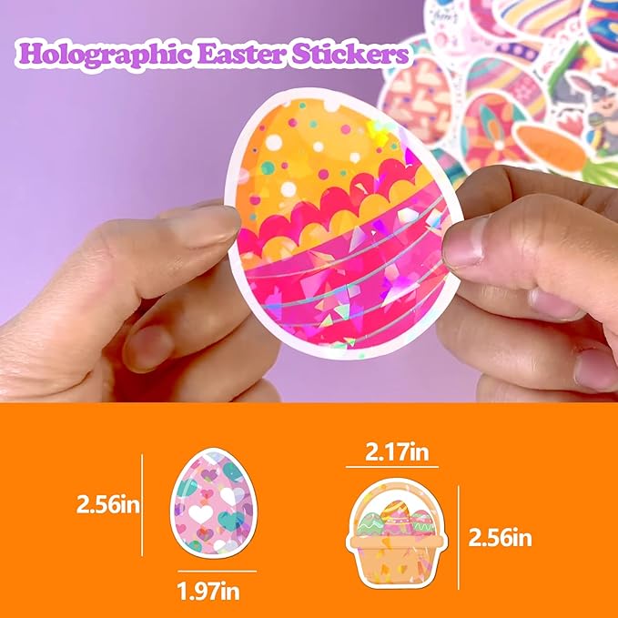100 Pcs Holographic Easter Stickers,Easter Egg Stuffers Cute Bunny Rabbits Vinyl Waterproof Stickers Basket Stuffers Gifts