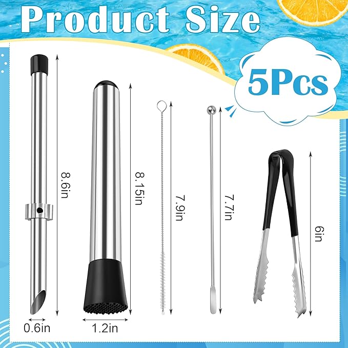 5Pcs Straw Hole Puncher Set, Luxiv 304 Stainless Steel Straw Puncher for Plastic Lids Hole Punching Tools for Drinks Coffee Lemonade Stand Tool Set with Muddler, Stirring Rod, Ice Tweezers, Brush