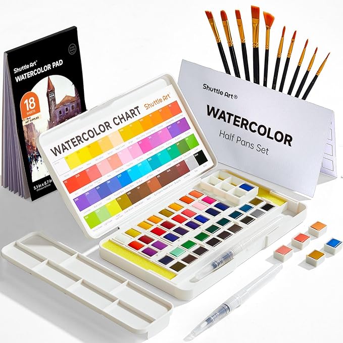 Watercolor Paint Set, Shuttle Art 48 Colors Watercolor Paint in Half Pans with 2 Water Brush Pens, 10 Paint Brushes, 1 Watercolor Pad, 1 Palette, 2 Color Charts, Watercolor Kit for KidsAdults, Artists