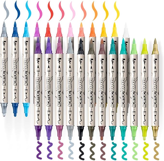 TRANSON 24 Colors Bold and Brush Dual-tip Acrylic Paint Marker Pen for Canvas Rock Wood Leather Ceramic DIY Painting