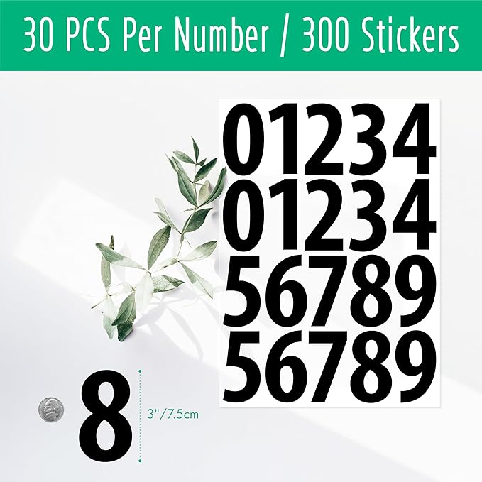 300 PCS Number Stickers, 3" Waterproof Vinyl Number Stickers Self-Adhesive Consecutive Number 0-9 Labels Without Residue Left for Office, Classroom, Indoor, Boxes, Storage (15 Sheets, Black)