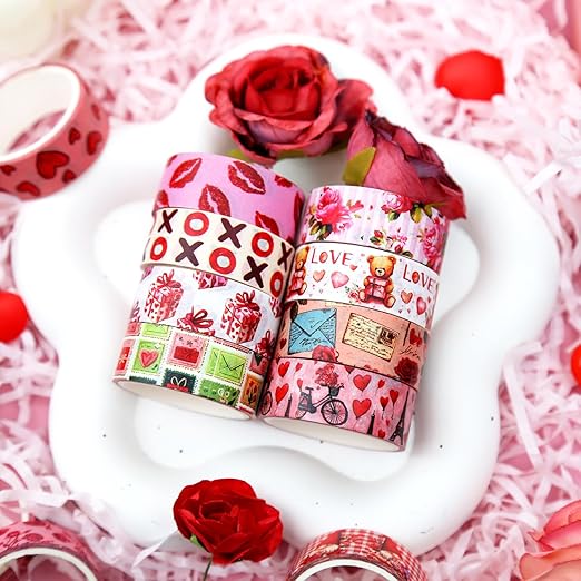 12 Rolls Valentine's Day Washi Tape Set, Pink & Red Hearts Decorative Tape Love Letters Roses Masking Tape for Journaling Supplies, Junk Journal, Scrapbooking, DIY Arts & Crafts, Gift Wrapping