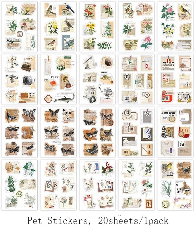 Alideco Scrapbook Stickers Sets Vintage Transparent Animals Floral Aesthetic Adults Scrapbooking Supplies Stickers for journaling tweezer 20Sheets/200Pcs