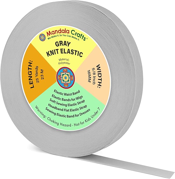 Mandala Crafts Wide 5/8 Inch Gray Elastic Bands Spool for Pants Waistbands Sewing and DIY Crafts, 25 YD Stretchy Flat Fabric Strap Knit Elastic Band for Wig