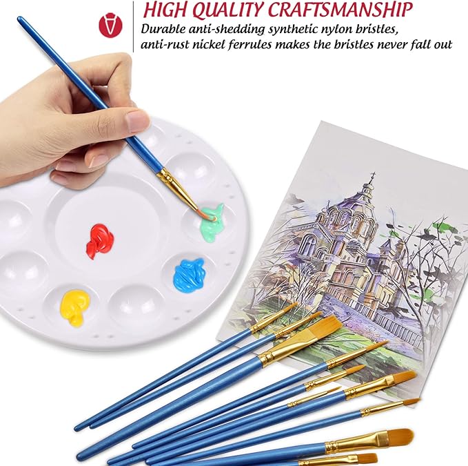 DUGATO Artist Paint Brush & Palette Set - 20 Nylon Brushes (Assorted Sizes & Shapes) with 5 Mixing Trays - Ideal for Acrylic, Watercolor, Oil & Gouache Painting