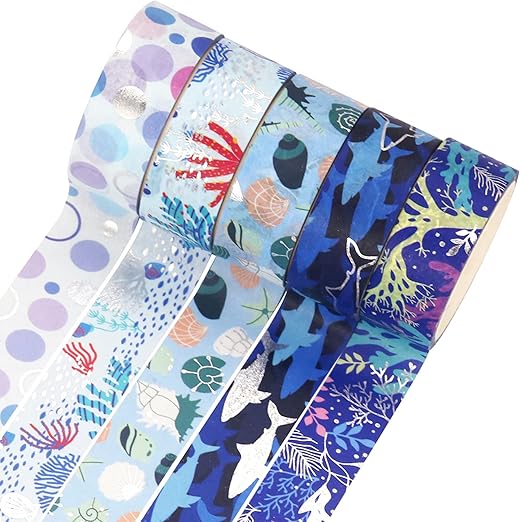 YUBX Ocean Blue Washi Tape Set 10 Rolls Silver Foil Print Decorative Masking Tapes for Arts, DIY Crafts, Journals, Planners, Scrapbook, Wrapping (Navy Silver)