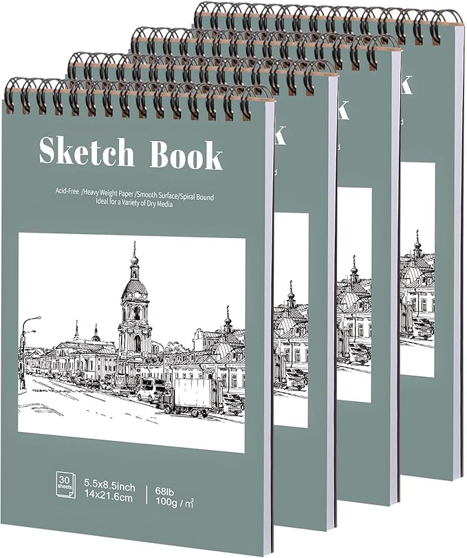 4 Pack Small Sketch Books, 5.5 x 8.5 Inch Mini Sketchbook, 68lb/100gsm Spiral Bound Small Sketch Pad, Acid Free Art Supplies Drawing Painting Sketchbook for Kids, Beginners, Artists (30 Sheets Each)