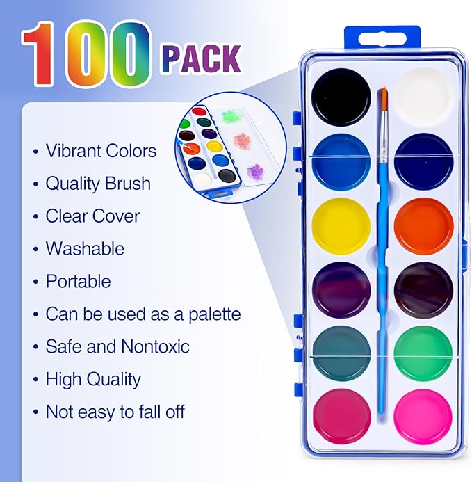 100 Pack Watercolor Paint Set for Kids, 12 Colors Watercolors Paints with Paint Brush, Kids Watercolor Paint Set for Party Favor, Classroom,School Supplies.