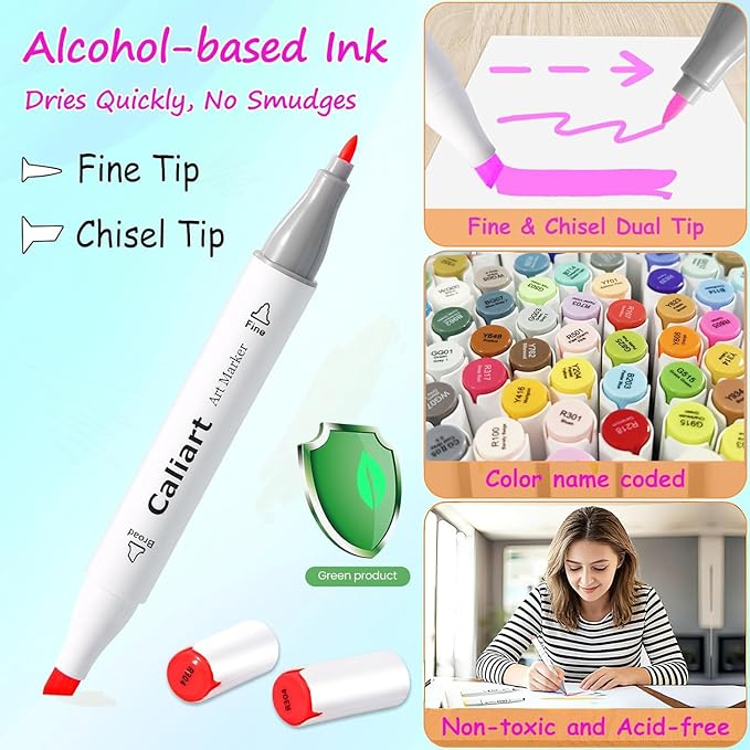 Caliart Alcohol Based Markers, 81 Colors Art Drawing Markers Set Dual Tip Fine & Chisel Permanent Colored Sketch Pens, with Case for Artists Adults Coloring Book Illustration