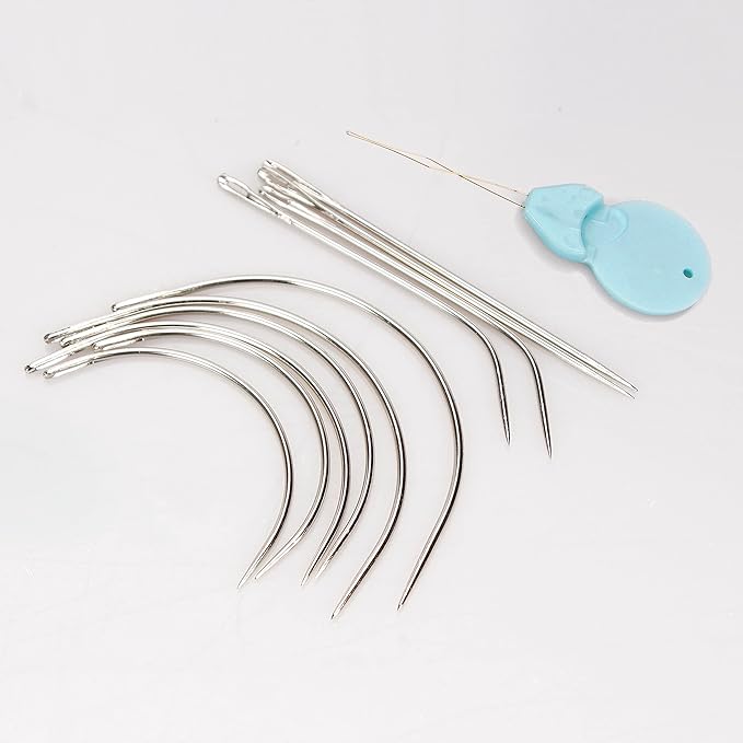 Lusecarl Needle and Thread for Hair Extensions 3 Rolls Hair Weave Sewing Threads with 10 Pcs C J I Shape Curved Upholstery Needles for Hand Sewing, Hair Extensions, Making Wigs DIY (10+3, Black)