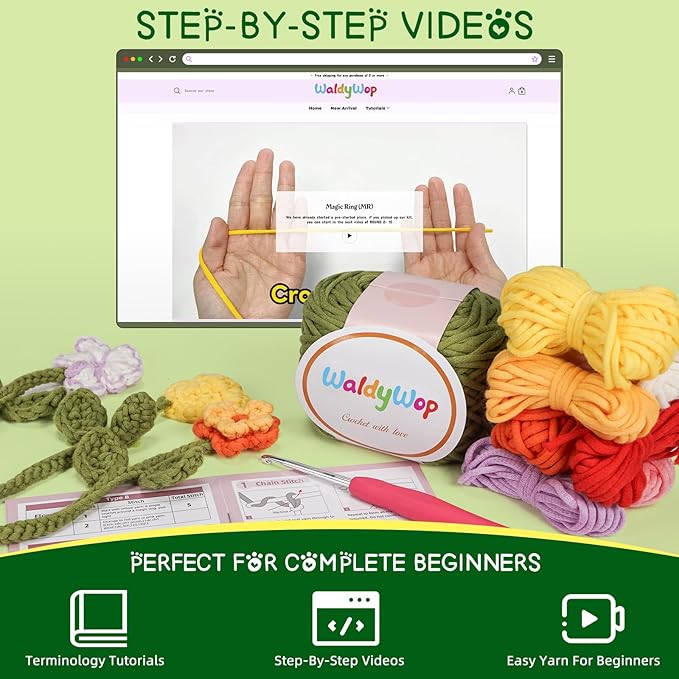 WaldyWop Crochet Kit for Beginners - 8 Flower Bookmarks Knitting Kit w/Step-by-Step Video Tutorials & Soft Yarn, Hook - Wobbles DIY Art Craft Kit for Adults, Birthday Gifts for Women Teen