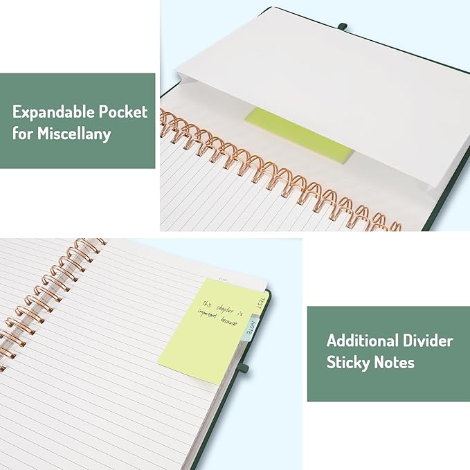 Forvencer A4 Lined Spiral Journal Notebook with 300 Numbered Pages, 11" X 8.5" Thick Journals for Writing with 100GSM Paper, Hardcover Notebooks with Contents for Work, School, Dark Green