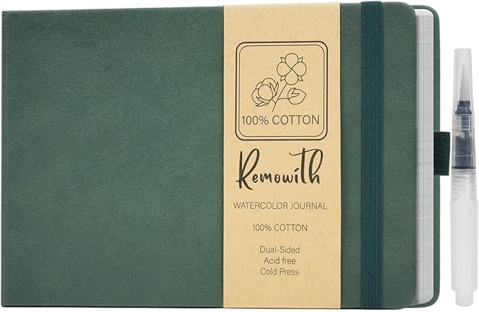 Remowith Leather Cover Watercolor Sketchbook, 9"x5.5" Journal, 300gsm Cold Press Cotton Paper (24 Sheets/48 Pages), Perfect Watercolor Journal for Markers, Pastels, Turquoise
