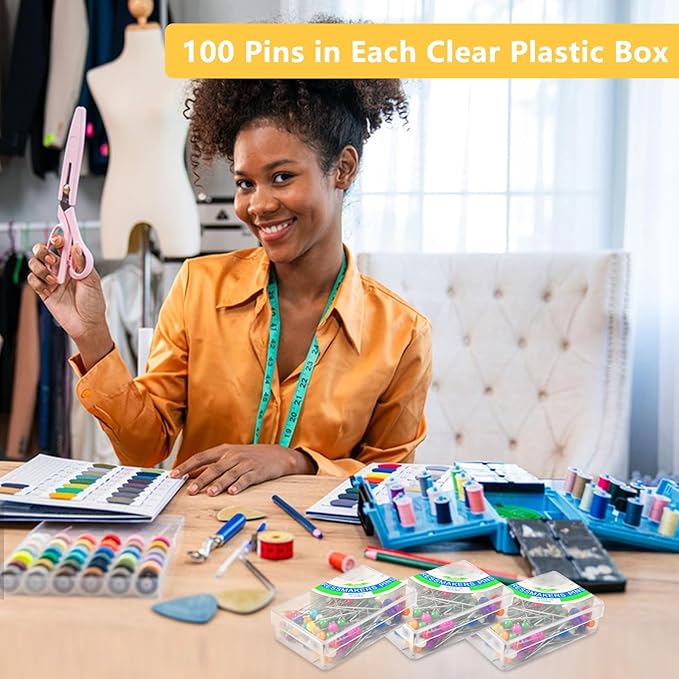 300PCS Sewing Pins for Fabric, Straight Pins with Glass Ball Heads, Multicolor Corsage Stick Pins for Dressmaker