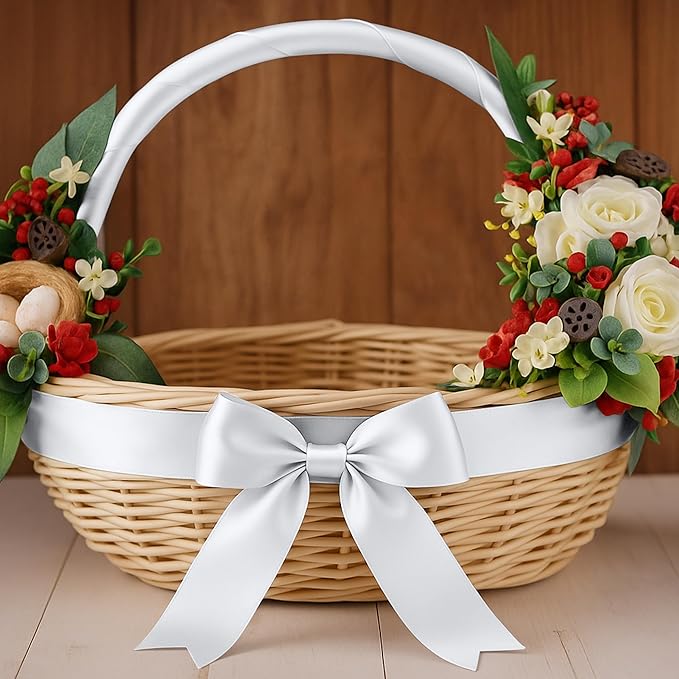 Fullive Silver Ribbon, 1 1/2 Inch 30 Yards Silver Ribbon for Flower Bouquet, Polyester Solid Christmas Tree Ribbons for Birthday Christmas Decorations DIY Bows Wrapping Bouquet Floral Arrangements